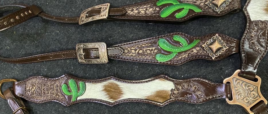 Showman Hair on Cowhide One Ear Leather Headstall and Breast Collar Set with Painted Cactus #4